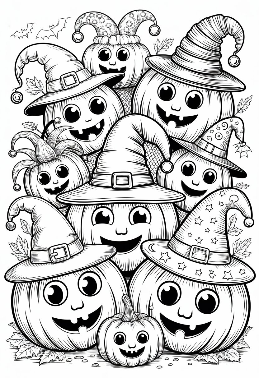 Halloween Coloring Pages Cute Collection of 20 Fun and Easy Designs 36 Several pumpkins with smiling faces wearing different funny Halloween hats surrounded by bats, spider webs, and autumn leaves.